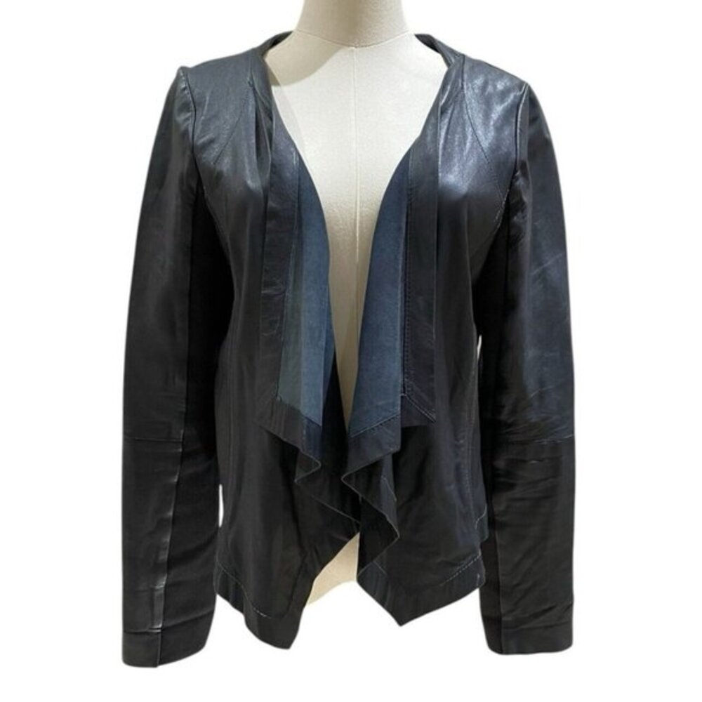 Hinge Leather Jacket Navy Blue Draped Crop  Open Front Jacket Sz 1